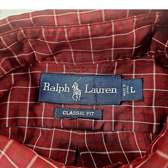 Ralph Lauren Button Down Shirt Mens Large Long Sleeve Burgundy Plaid Classic Fit - Picture 3 of 6